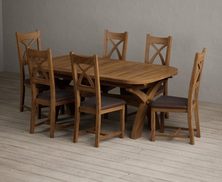 Extending olympia 180cm rustic solid oak dining table with 6 brown rustic solid oak chairs