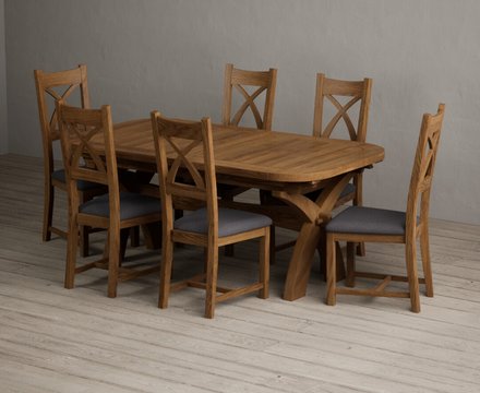 Extending olympia 180cm rustic solid oak dining table with 6 charcoal grey rustic solid oak chairs