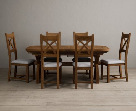 Extending olympia 180cm rustic solid oak dining table with 6 light grey rustic solid oak chairs