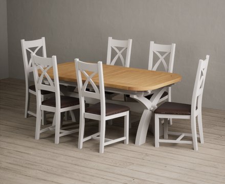 Extending olympia 180cm oak and soft white painted dining table with 6 brown painted chairs