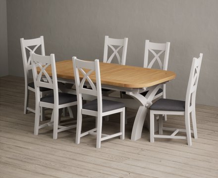 Extending olympia 180cm oak and soft white painted dining table with 6 charcoal grey painted chairs