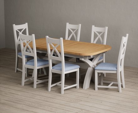 Extending olympia 180cm oak and soft white painted dining table with 6 blue painted chairs