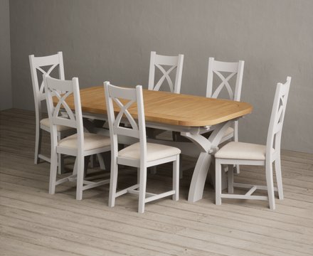 Extending olympia 180cm oak and soft white painted dining table with 6 linen painted chairs