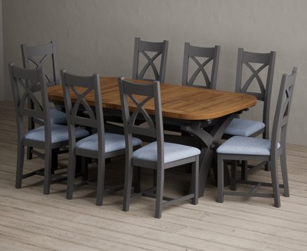 Extending olympia 180cm oak and charcoal grey dining table with 8 blue painted chairs