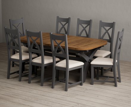 Extending olympia 180cm oak and charcoal grey dining table with 8 linen painted chairs