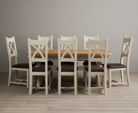 Extending olympia 180cm oak and cream painted dining table with 8 brown painted chairs