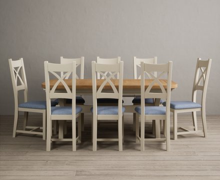 Extending olympia 180cm oak and cream painted dining table with 8 blue painted chairs