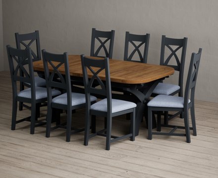 Extending olympia 180cm oak and dark blue dining table with 8 blue painted chairs