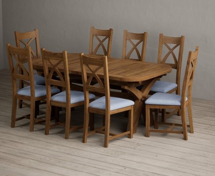Extending olympia 180cm rustic solid oak dining table with 8 blue rustic solid oak chairs