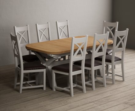 Extending olympia 180cm oak and soft white painted dining table with 8 brown painted chairs