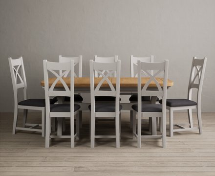 Extending olympia 180cm oak and soft white painted dining table with 8 charcoal grey painted chairs