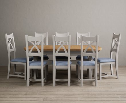 Extending olympia 180cm oak and soft white painted dining table with 8 blue painted chairs