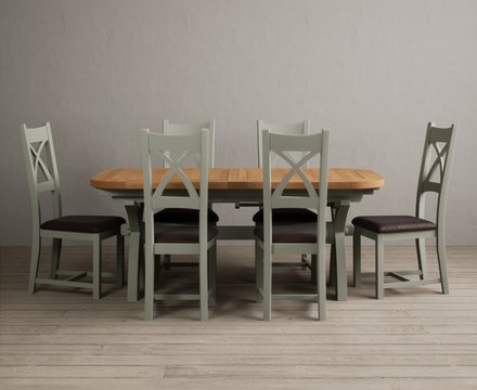 Extending olympia 180cm oak and soft green dining table with 6 brown painted chairs
