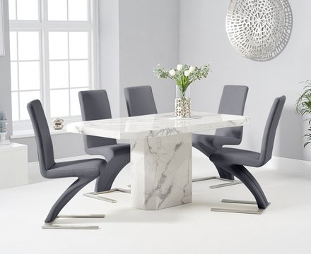 Belle 160cm white marble dining table with 8 grey aldo chairs