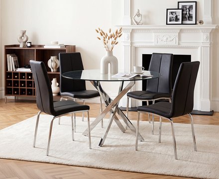 Bernini 110cm glass dining table with 4 black marco chairs