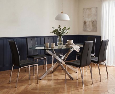 Bernini 165cm oval chrome leg glass dining table with 6 black marco chairs