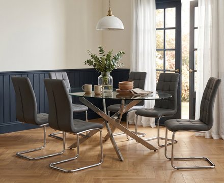 Bernini 165cm oval chrome leg glass dining table with 6 grey vigo chairs