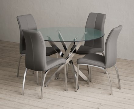 Bernini 110cm glass dining table with 4 grey marco chairs