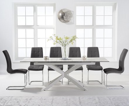 Extending boston 180cm white leg ceramic dining table with 10 grey vigo chairs