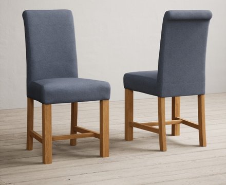 Extending york 90cm solid oak dining table with 2 blue braced chairs