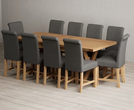 Extending buckley 160cm solid oak dining table with 10 charcoal grey braced chairs