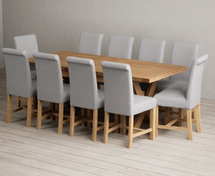 Extending buckley 160cm solid oak dining table with 10 grey braced chairs