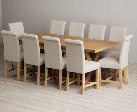 Extending buckley 160cm solid oak dining table with 10 natural braced chairs