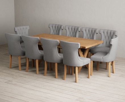 Extending buckley 160cm solid oak dining table with 10 grey clara chairs