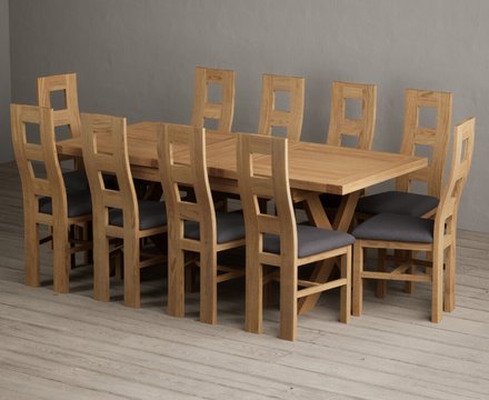 Extending buckley 160cm solid oak dining table with 10 charcoal grey natural chairs