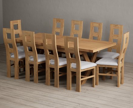 Extending buckley 160cm solid oak dining table with 10 light grey natural chairs