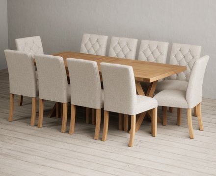 Extending buckley 160cm solid oak dining table with 10 natural isabella chairs