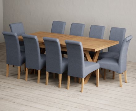 Extending buckley 160cm solid oak dining table with 10 blue scroll back chairs