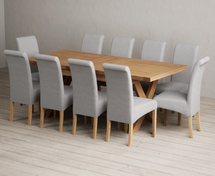 Extending buckley 160cm solid oak dining table with 10 grey scroll back chairs