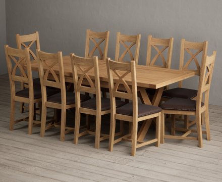 Extending buckley 160cm solid oak dining table with 10 brown natural solid oak chairs