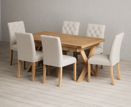Extending buckley 160cm solid oak dining table with 6 natural isabella chairs