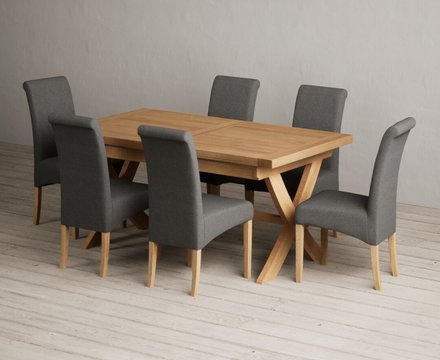 Extending buckley 160cm solid oak dining table with 6 charcoal grey scroll back chairs