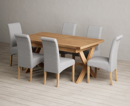 Extending buckley 160cm solid oak dining table with 6 grey scroll back chairs