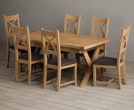 Extending buckley 160cm solid oak dining table with 6 brown natural solid oak chairs