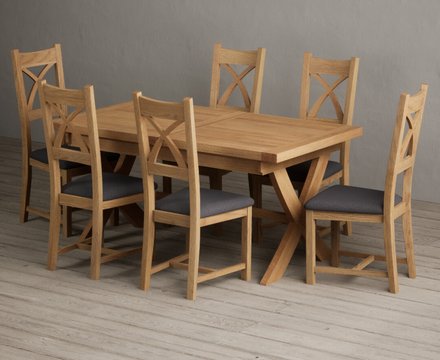 Extending buckley 160cm solid oak dining table with 6 charcoal grey natural solid oak chairs