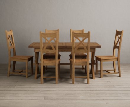 Extending buckley 160cm solid oak dining table with 6 oak natural chairs