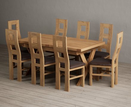 Extending buckley 160cm solid oak dining table with 8 brown natural chairs