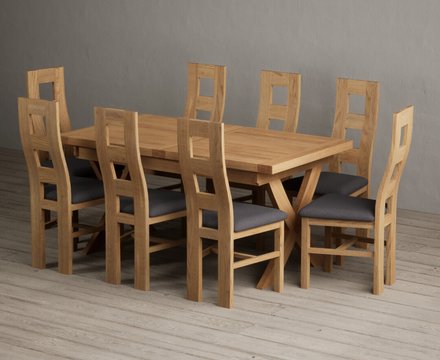 Extending buckley 160cm solid oak dining table with 8 charcoal grey natural chairs