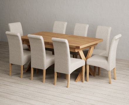 Extending buckley 160cm solid oak dining table with 8 natural scroll back chairs