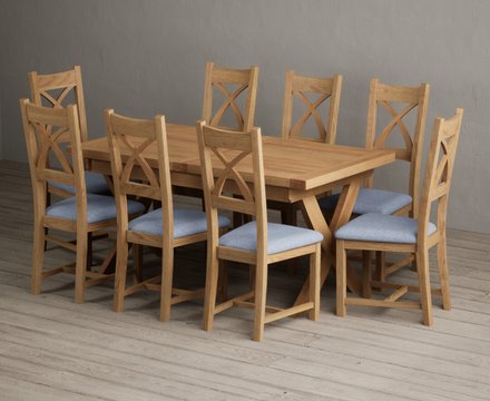 Extending buckley 160cm solid oak dining table with 8 blue natural solid oak chairs