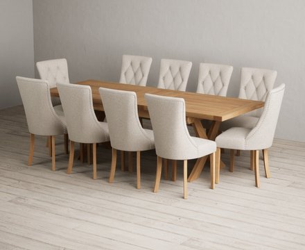 Extending buckley 200cm solid oak dining table with 10 natural beatrix chairs