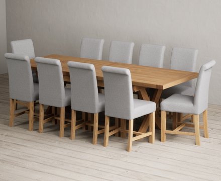 Extending buckley 200cm solid oak dining table with 10 grey braced chairs