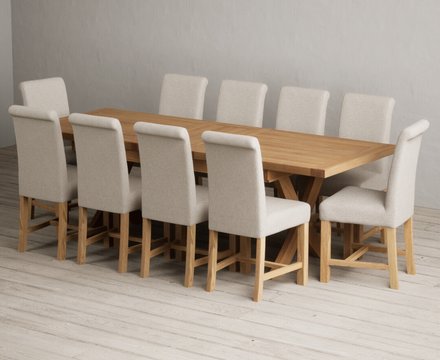 Extending buckley 200cm solid oak dining table with 10 natural braced chairs