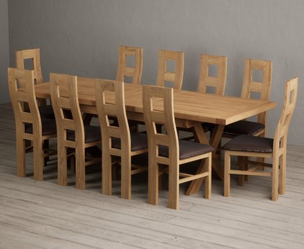 Extending buckley 200cm solid oak dining table with 10 brown natural chairs