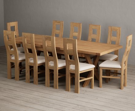 Extending buckley 200cm solid oak dining table with 10 linen natural chairs