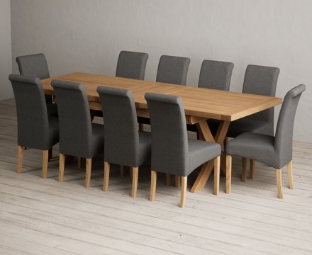 Extending buckley 200cm solid oak dining table with 10 charcoal grey scroll back chairs